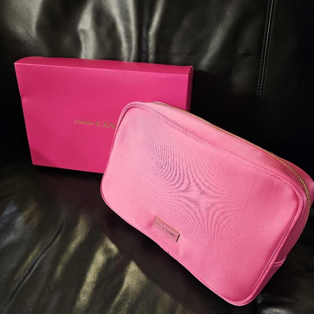 Prada Candy Pink Satin Cosmetic Bag w Box Travel Case New - Picture 8 of 12